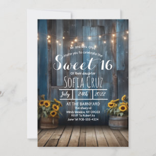 Rustic Blue Barn Sunflower Sweet 16 Invitation