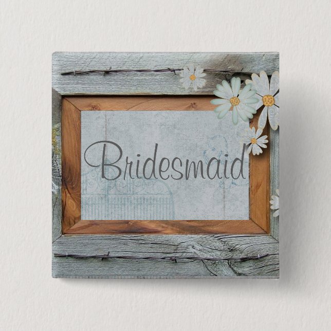 rustic blue barn wood daisy country bridesmaid pinback button (Front)