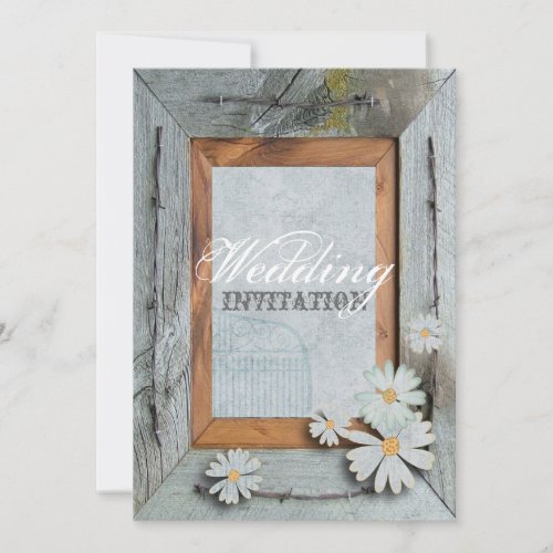 Vintage Daisy blue barnwood frame Country wedding Announcement