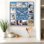 Rustic Blue Barn Wood Farmhouse 12 Photo Collage Square Wall Clock<br><div class="desc">Rustic Blue Barn Wood Farmhouse 12 Photo Collage Square Wall Clock. Large beautiful rustic white barn vintage wood personalized family name year established wall decor clock. The perfect country wooden plank look for any home or kitchen.</div>