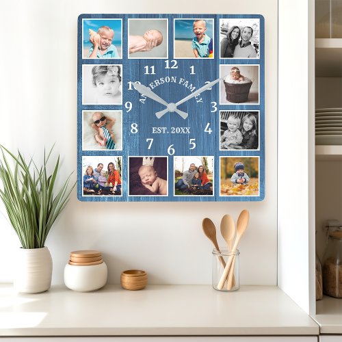 Rustic Blue Barn Wood Farmhouse 12 Photo Collage Square Wall Clock