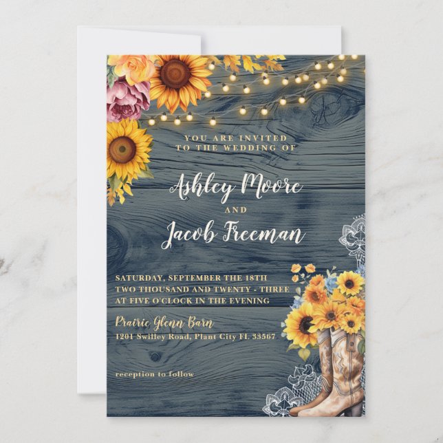 Rustic Blue Barn Wood Sunflower Wedding Invitation (Front)