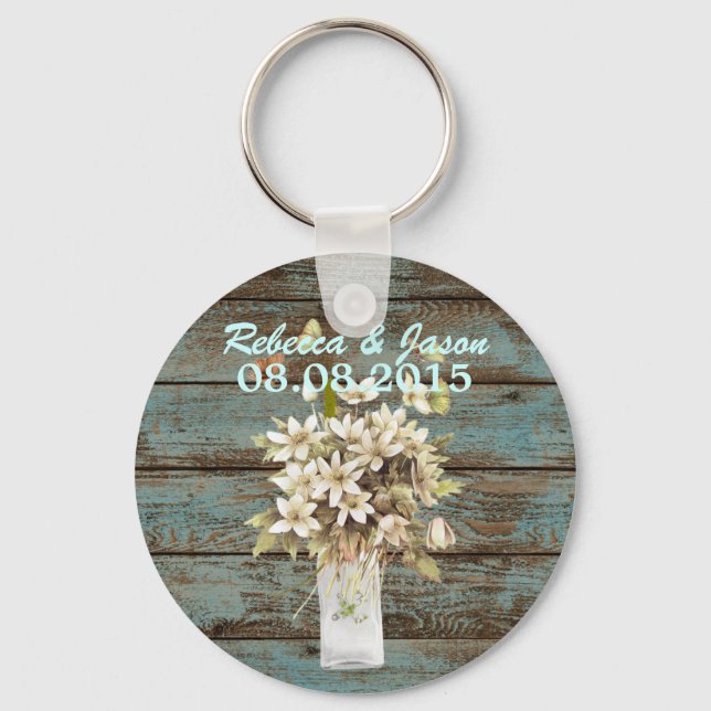 rustic blue barn wood wildflower country wedding keychain (Front)