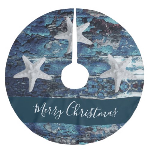 Rustic Blue Beach Starfish Personalized Brushed Polyester Tree Skirt
