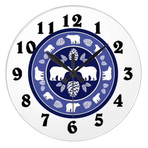 Rustic blue bear pinecone round clock