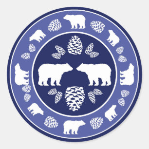 Rustic blue bear pinecone round stickers