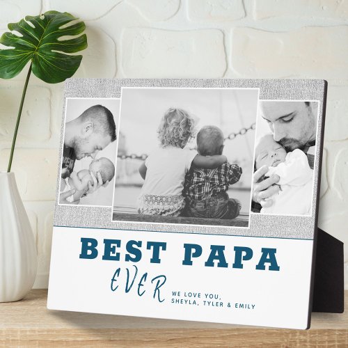 Rustic Blue Best Papa Fathers Day 3 Photo Collage Plaque