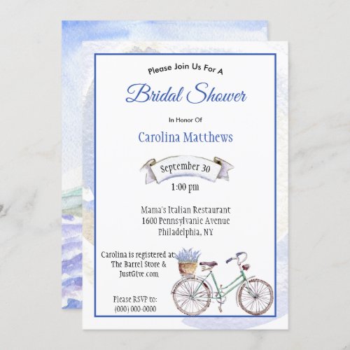 Rustic Blue Bicycle Lavender Floral Bridal Shower Invitation