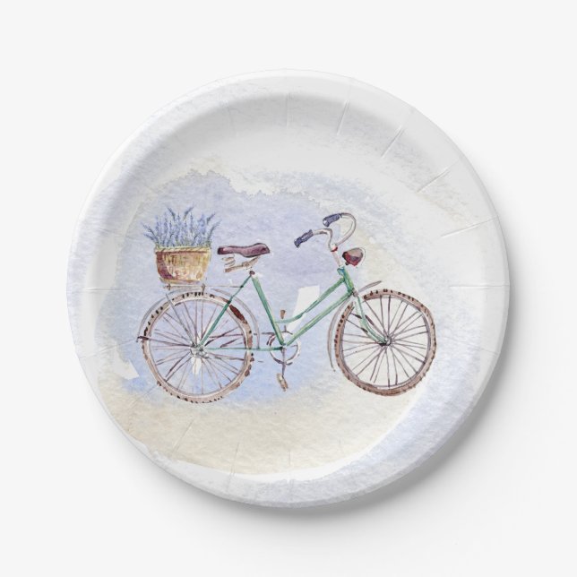 Rustic Blue Bicycle Lavender Floral Paper Plates (Front)
