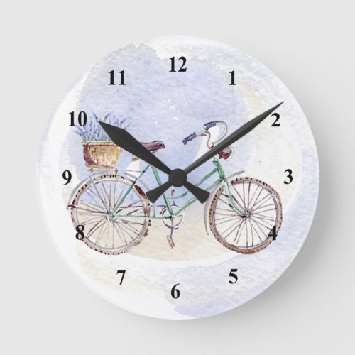Rustic Blue Bicycle Lavender Floral Round Clock