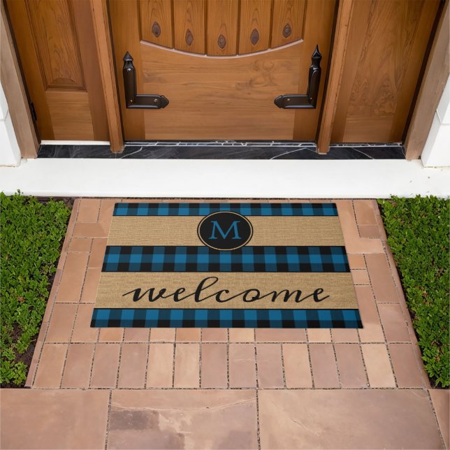 Rustic Blue Black Buffalo Check Plaid Pattern Doormat (Outdoor)
