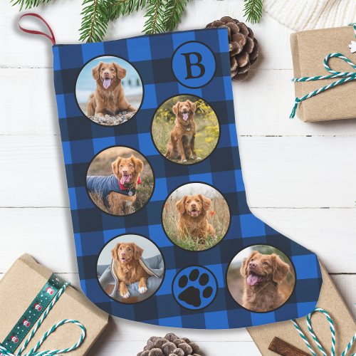 Rustic Blue Black Plaid Fun Pet Photo Collage  Small Christmas Stocking