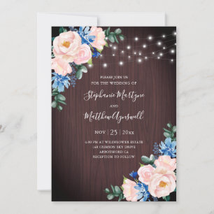 Rustic Blue Blush String Lights Wood Wedding Invitation