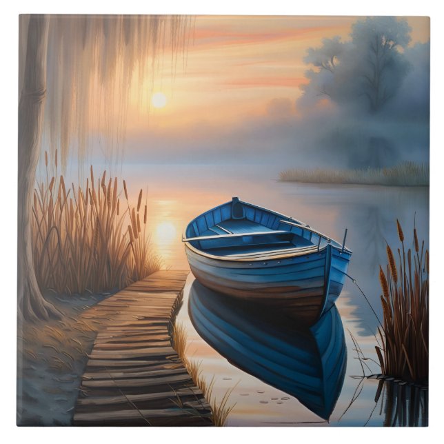 Rustic Blue Boat at Sunrise Ceramic Tile (Front)