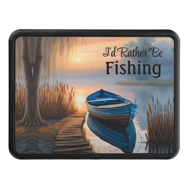 Rustic blue boat, I'd Rather be Fishing  Hitch Cover (Front)