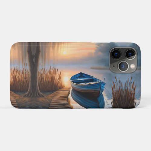 Rustic blue boat Morning Sky Reflection iPhone 11 Pro Case