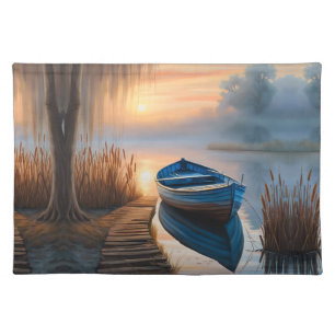 Rustic blue boat Morning Sky Reflection Cloth Placemat