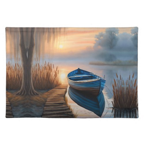 Rustic blue boat Morning Sky Reflection Cloth Placemat