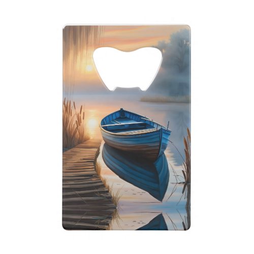 Rustic blue boat Morning Sky Reflection Credit Card Bottle Opener