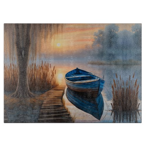 Rustic blue boat Morning Sky Reflection Cutting Board