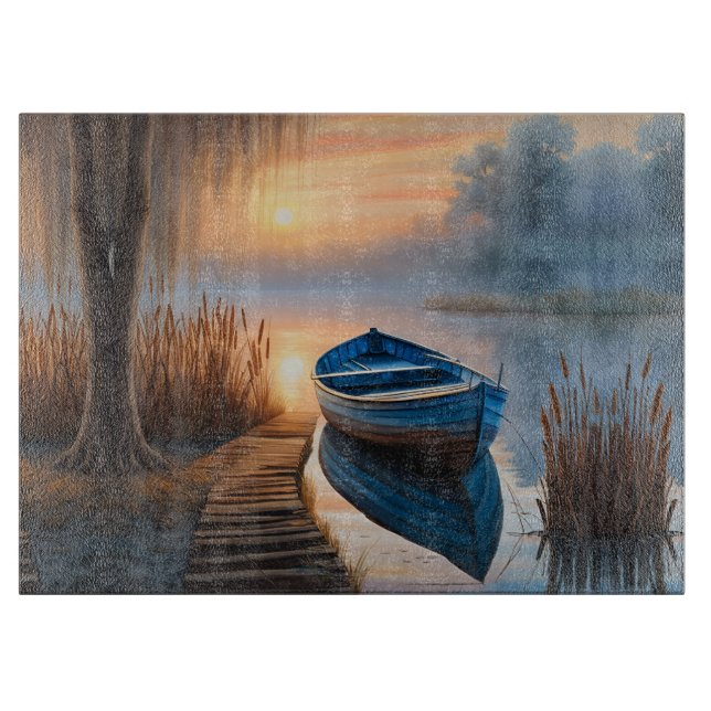 Rustic blue boat Morning Sky Reflection Cutting Board (Front)