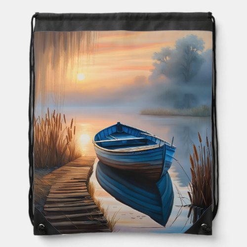 Rustic blue boat Morning Sky Reflection Drawstring Bag