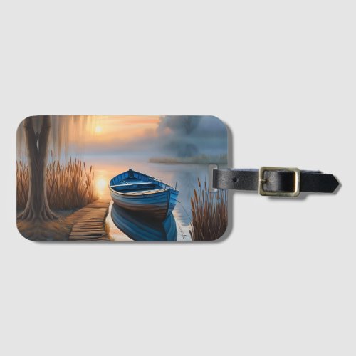 Rustic blue boat Morning Sky Reflection Luggage Tag