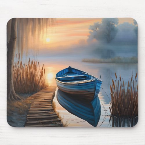 Rustic blue boat Morning Sky Reflection Mouse Pad