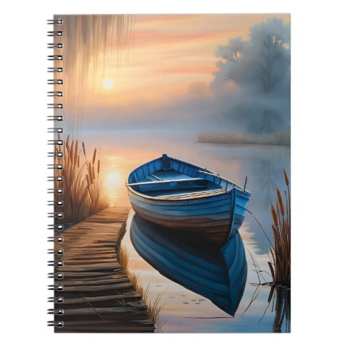Rustic blue boat Morning Sky Reflection Notebook