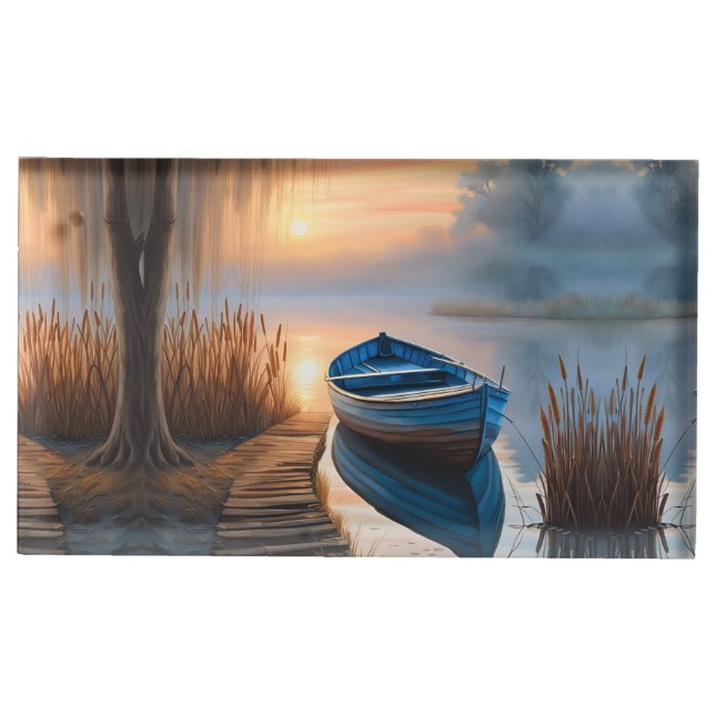 Rustic blue boat Morning Sky Reflection Place Card Holder (Front)