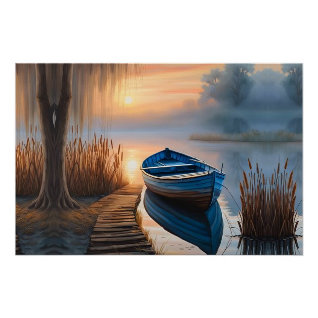 Rustic blue boat Morning Sky Reflection Poster (Front)