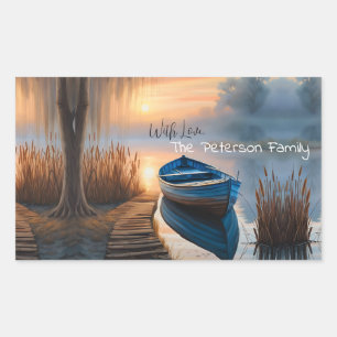 Rustic blue boat Morning Sky Reflection Rectangular Sticker