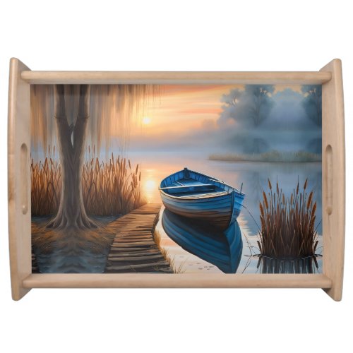 Rustic blue boat Morning Sky Reflection Serving Tray