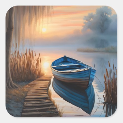 Rustic blue boat Morning Sky Reflection Square Sticker