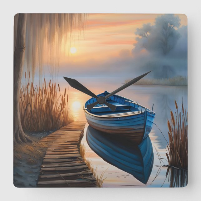 Rustic blue boat Morning Sky Reflection Square Wall Clock (Front)