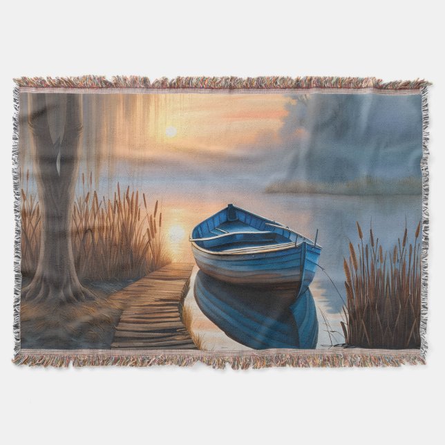 Rustic blue boat Morning Sky Reflection Throw Blanket (Front)