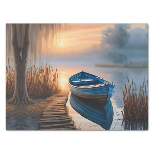 Rustic blue boat Morning Sky Reflection Tissue Paper