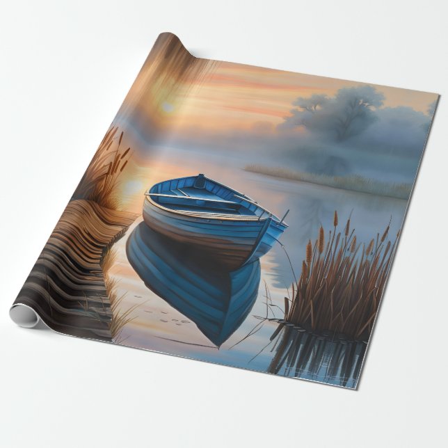 Rustic blue boat Morning Sky Reflection Wrapping Paper (Unrolled)