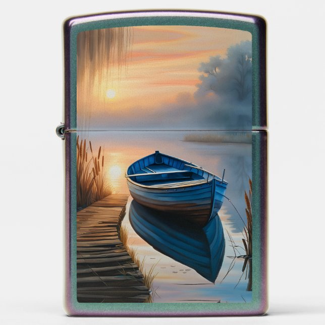 Rustic blue boat Morning Sky Reflection Zippo Lighter (Front)