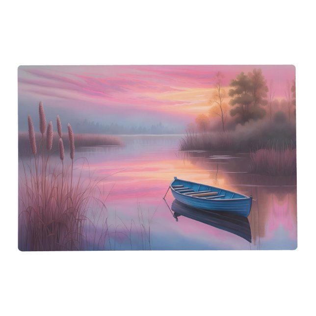 Rustic blue boat pink skies reflection placemat (Front)