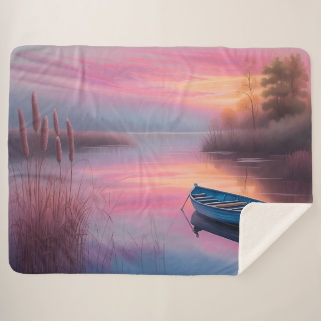 Rustic blue boat pink skies reflection sherpa blanket (Front (Horizontal))