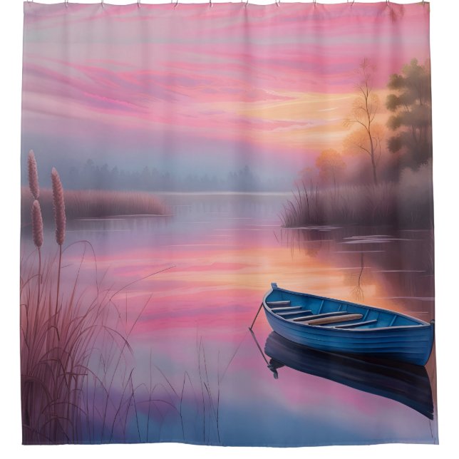 Rustic blue boat pink skies reflection shower curtain (Front)