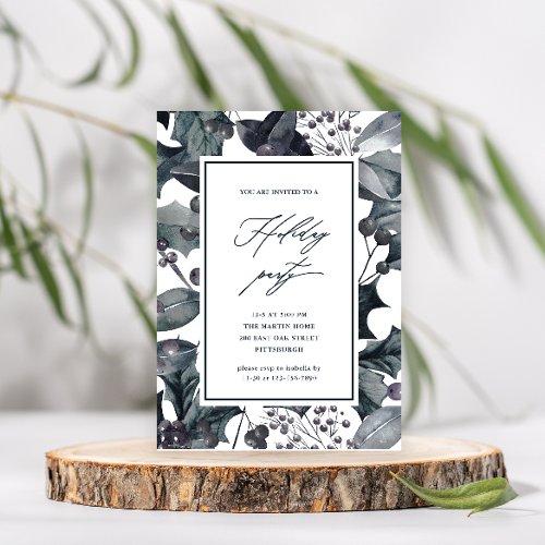 Rustic Blue Botanical Calligraphy Holiday Party Invitation
