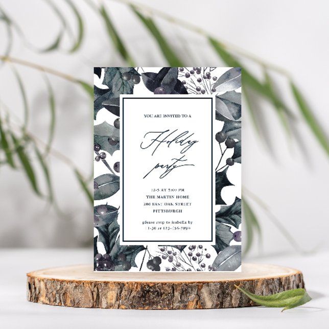 Rustic Blue Botanical Calligraphy Holiday Party Invitation (Creator Uploaded)