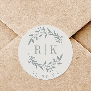 Rustic Blue Botanical Wreath Wedding Monogram Classic Round Sticker