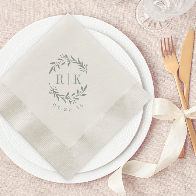 Rustic Blue Botanical Wreath Wedding Monogram Napkins (Creator Uploaded)