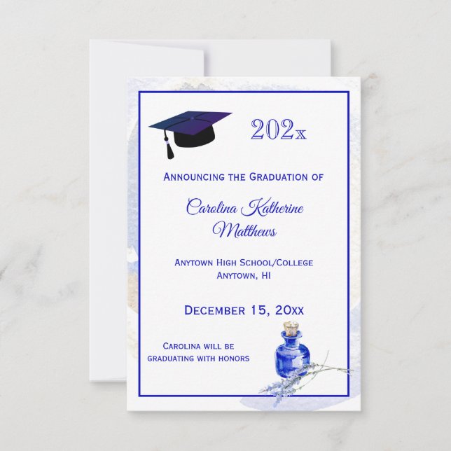 Rustic Blue Bottle Lavender Floral Graduation Announcement (Front)