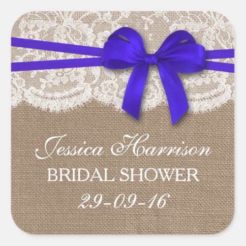 Rustic Blue Bow Burlap  Lace Bridal Shower Square Sticker