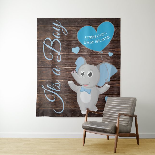 Rustic Blue Boy Elephant Baby Shower Backdrop (In Situ)
