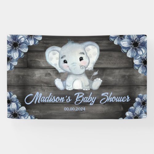 Rustic Blue Boy Elephant Backdrop Baby Shower Banner